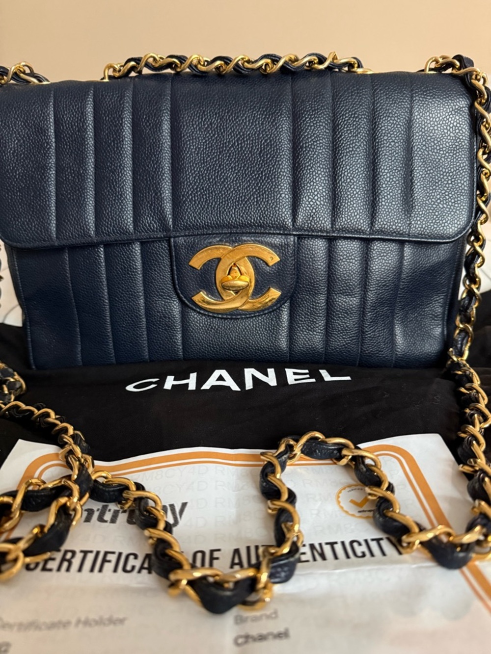 CHANEL Navy Quilted Caviar Leather maxi Bag w/ 24K Gold plated Hardware